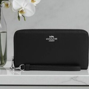 Coach Black Leather Long Zip Wallet with Silver Hardware